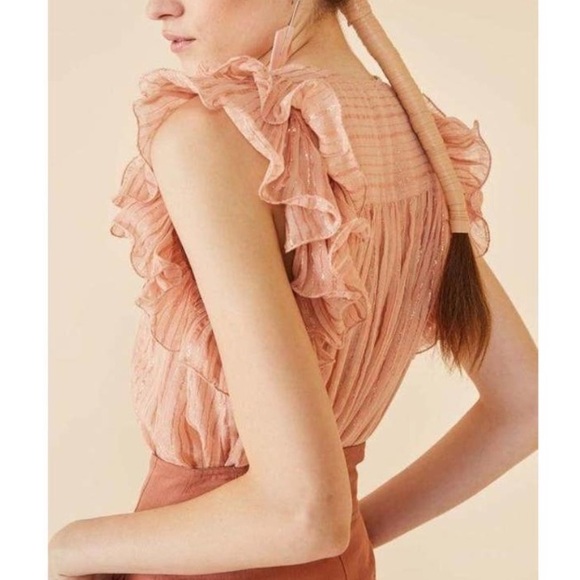 Ulla Johnson Blush Pink Metallic Stripe Ruffle Sleeve Tie Neck Cora Top Blouse - Picture 8 of 14